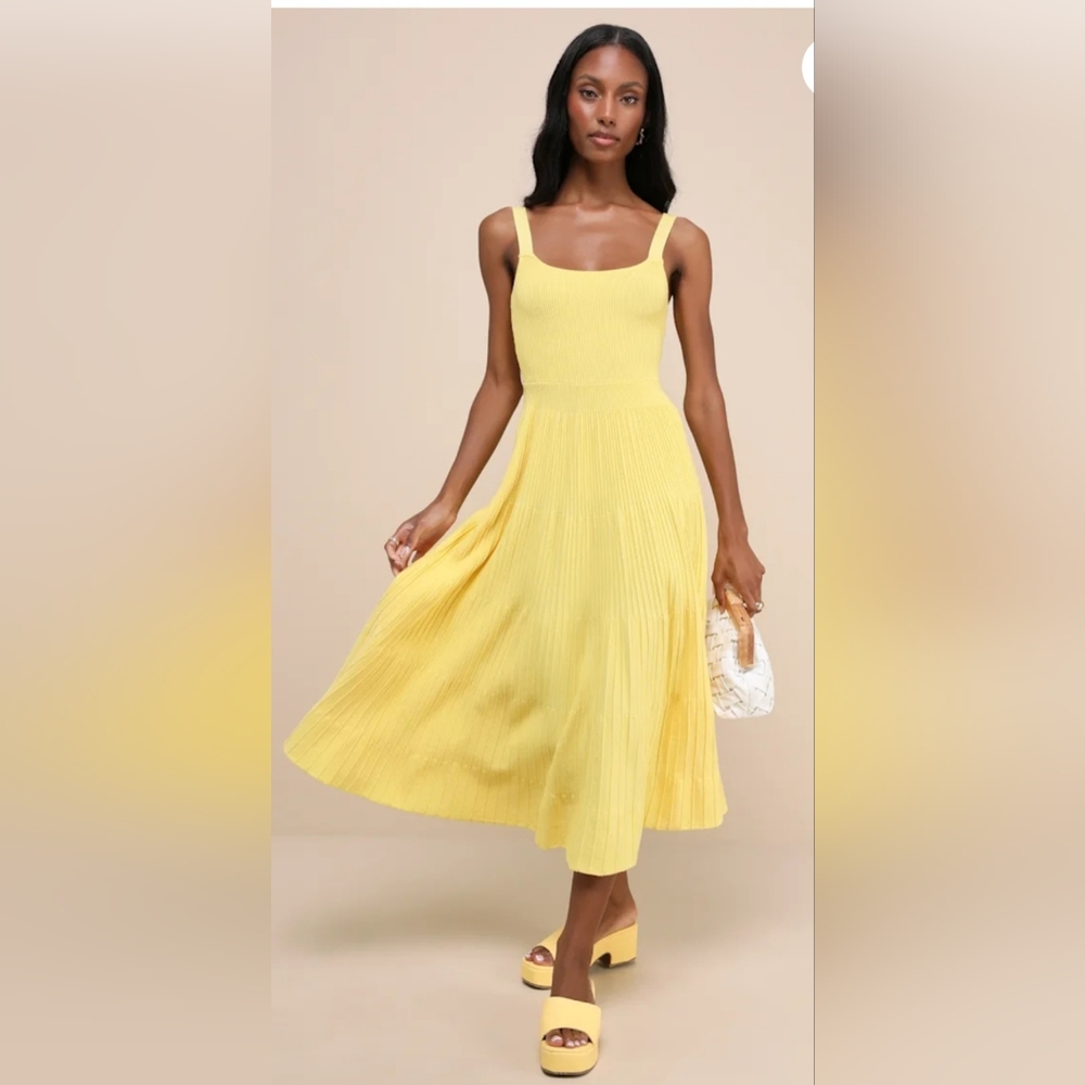 Lulu's Iconic Ways Yellow Ribbed Sleeveless Tiered Sweater Midi Dress